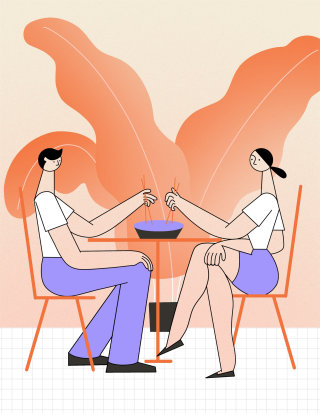 Ilustración editorial de pareja cenando