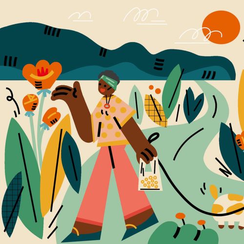 Contemporary art of women walking with dog
