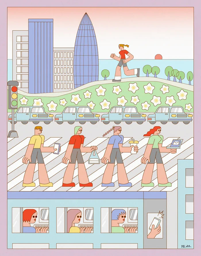 City scene with people walking on crosswalk and jogging on hill