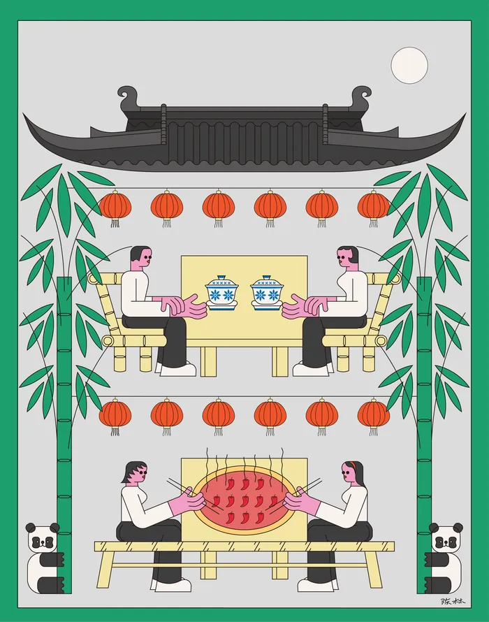 Two pairs of people playing games and eating under traditional pavilion with lanterns.