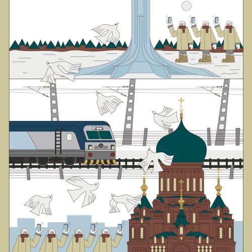 Train near church with birds flying and people in traditional dress