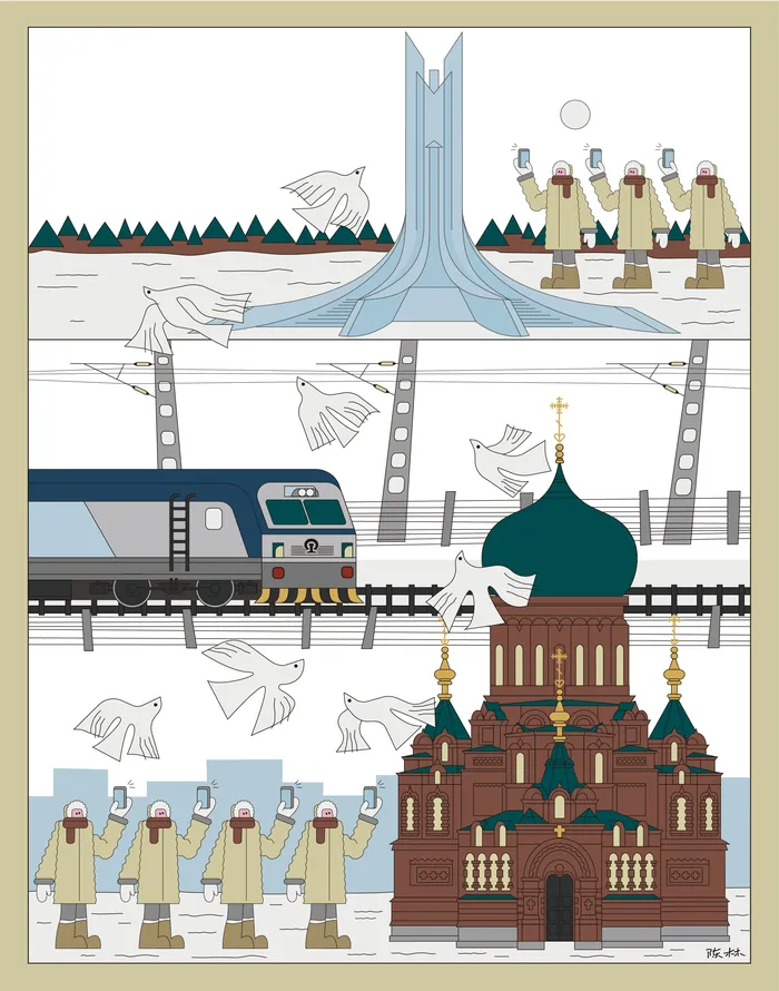 Train near church with birds flying and people in traditional dress