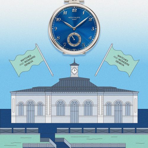 Blue vintage pocket watch above building with clock tower by water