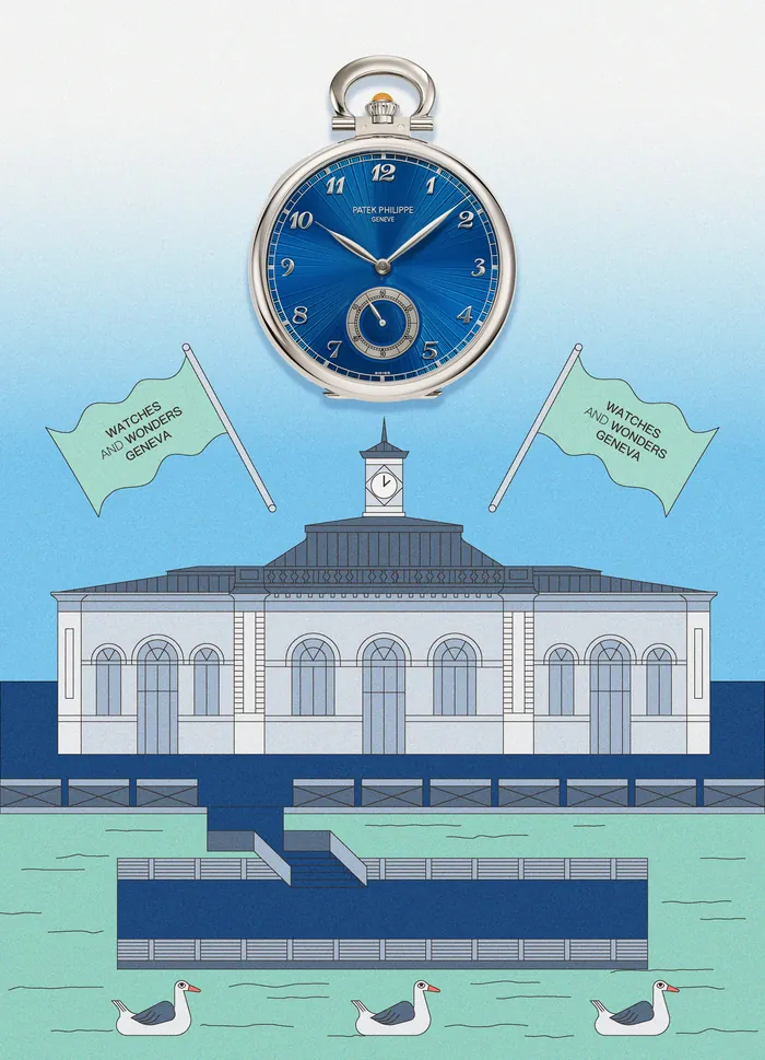 Blue vintage pocket watch above building with clock tower by water