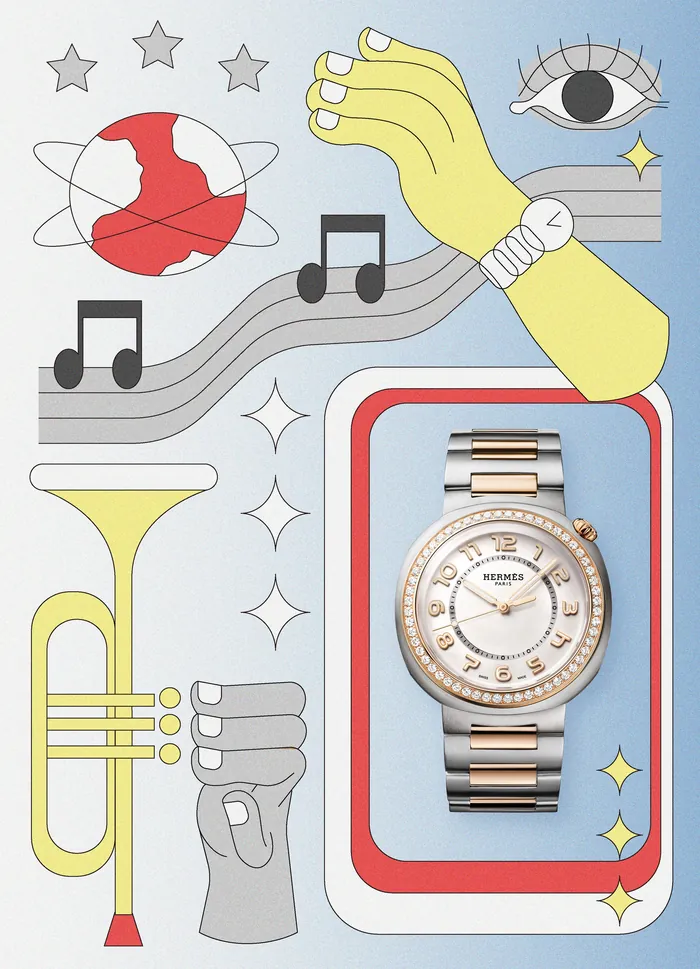Wristwatch with gold and silver band surrounded by music notes and art icons