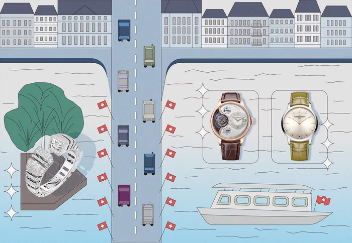 Cityscape with boats, cars on roads, and two detailed watches