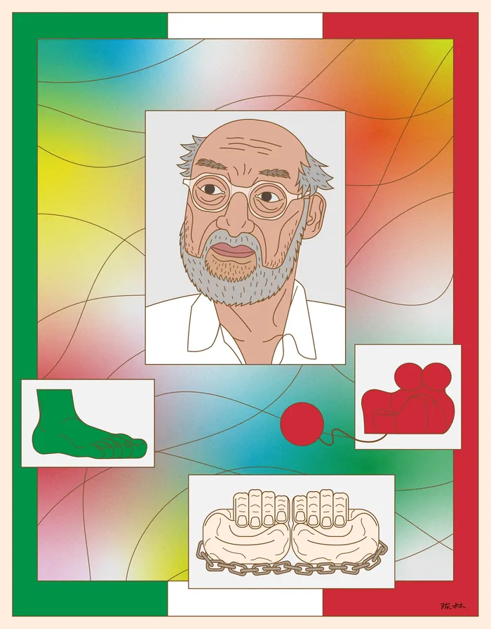 Elderly man portrait with colorful abstract background and shapes