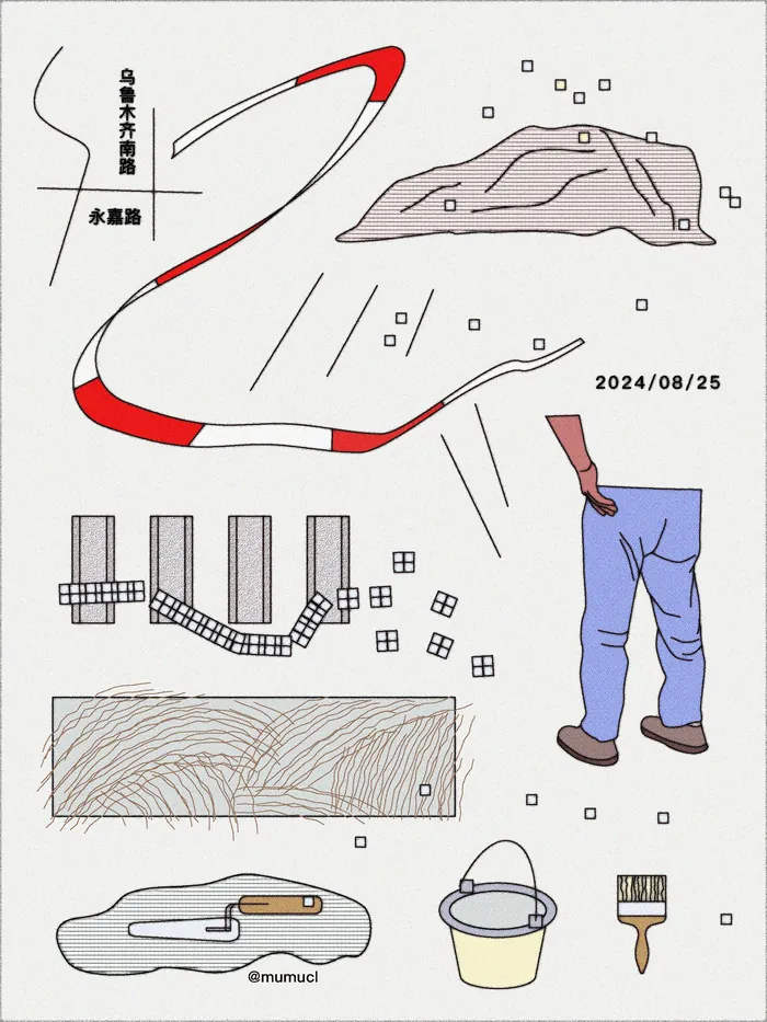 Abstract art with a person, brush, bucket, hammer, and geometric shapes