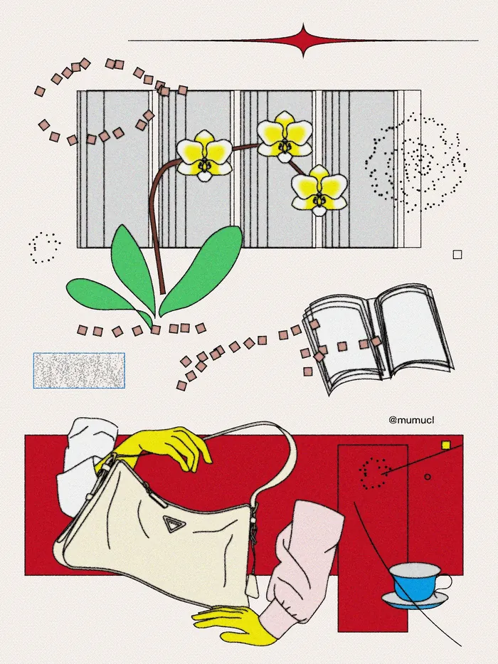 Abstract artwork featuring yellow flowers, open book, person with bag, and cup