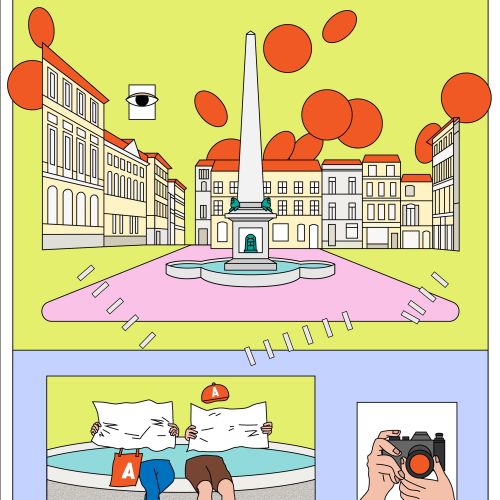 City square with fountain, abstract red circles, and two people sitting on edge.