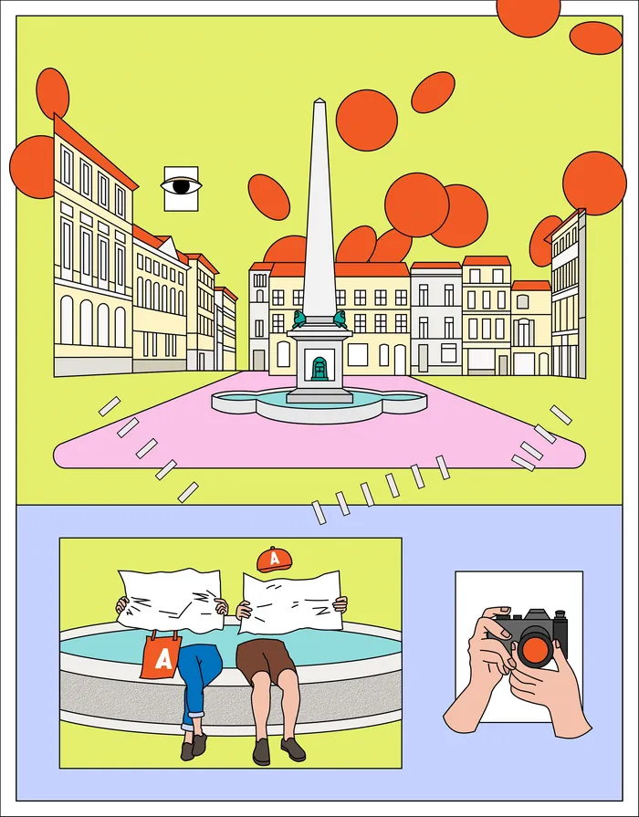 City square with fountain, abstract red circles, and two people sitting on edge.