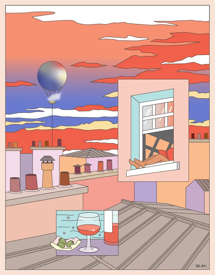 Sunset rooftop scene with hot air balloon and drinks on table