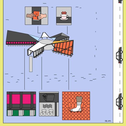 Mechanical bird with human and machine elements flying next to a road with cars.