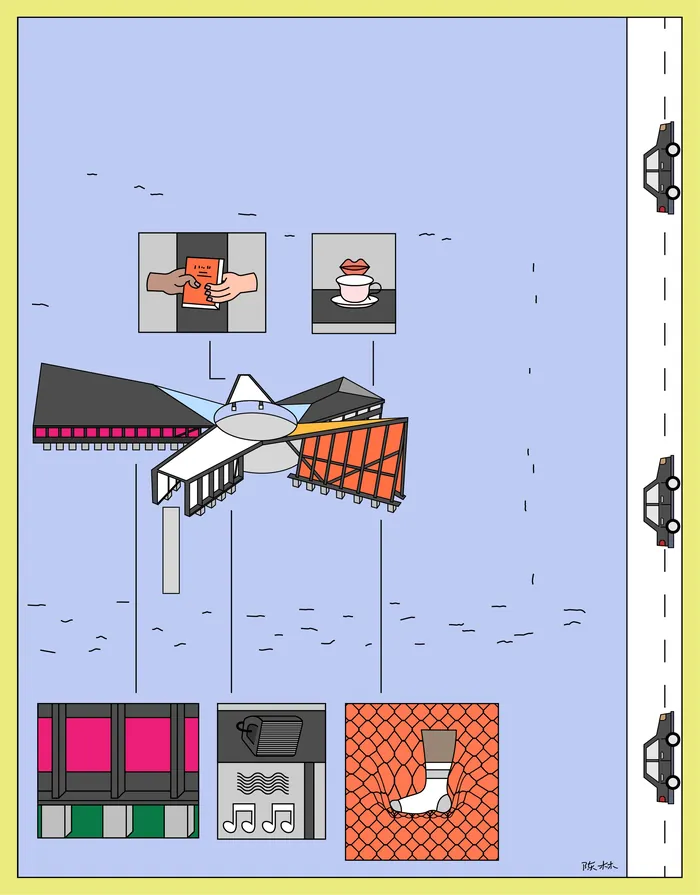 Mechanical bird with human and machine elements flying next to a road with cars.