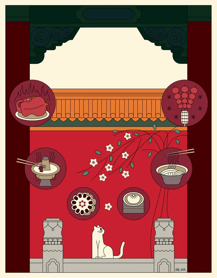 Illustration of temple window with incense, food offerings, flowers, and a white cat