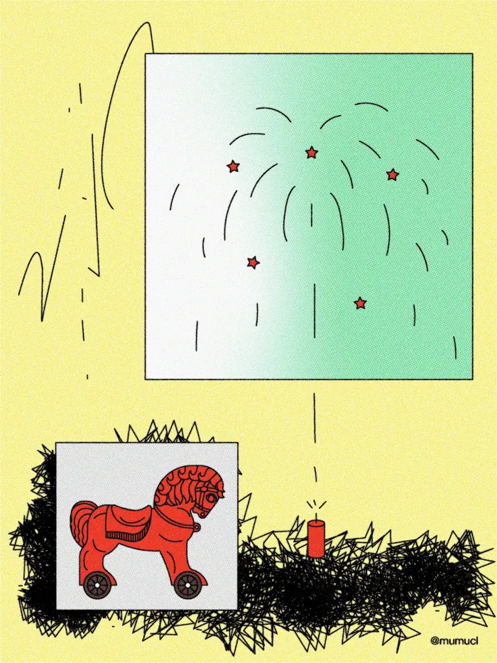 Red toy horse on wheels with fireworks in the sky