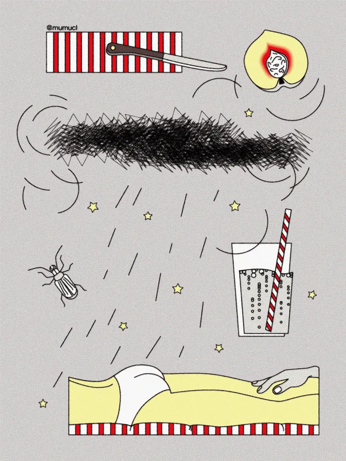 Surreal night scene with bed, mosquito, insect spray, and moon-shaped headlamp.