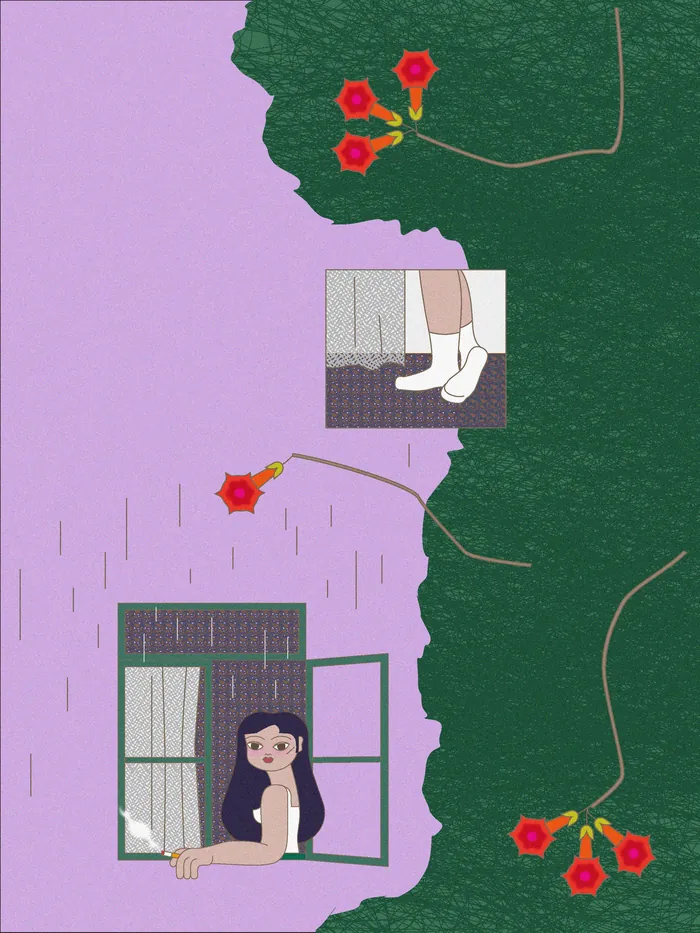 Woman looking out rainy window with red flowers on green bush