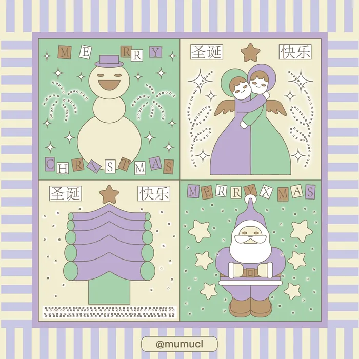 Pastel Christmas illustrations of snowman, angels, tree, and Santa Claus