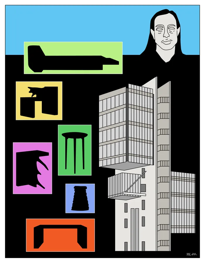 Modern building with various abstract colorful furniture shapes around