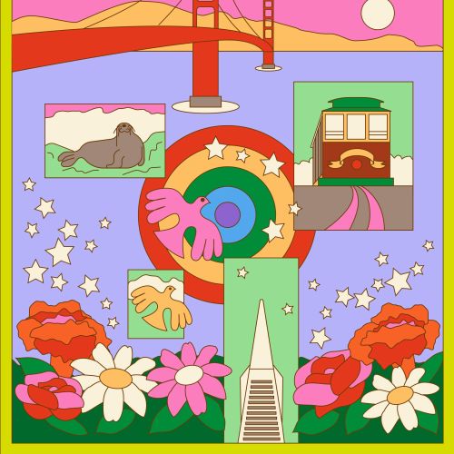 Colorful illustration of San Francisco bridge, flowers, and landmarks