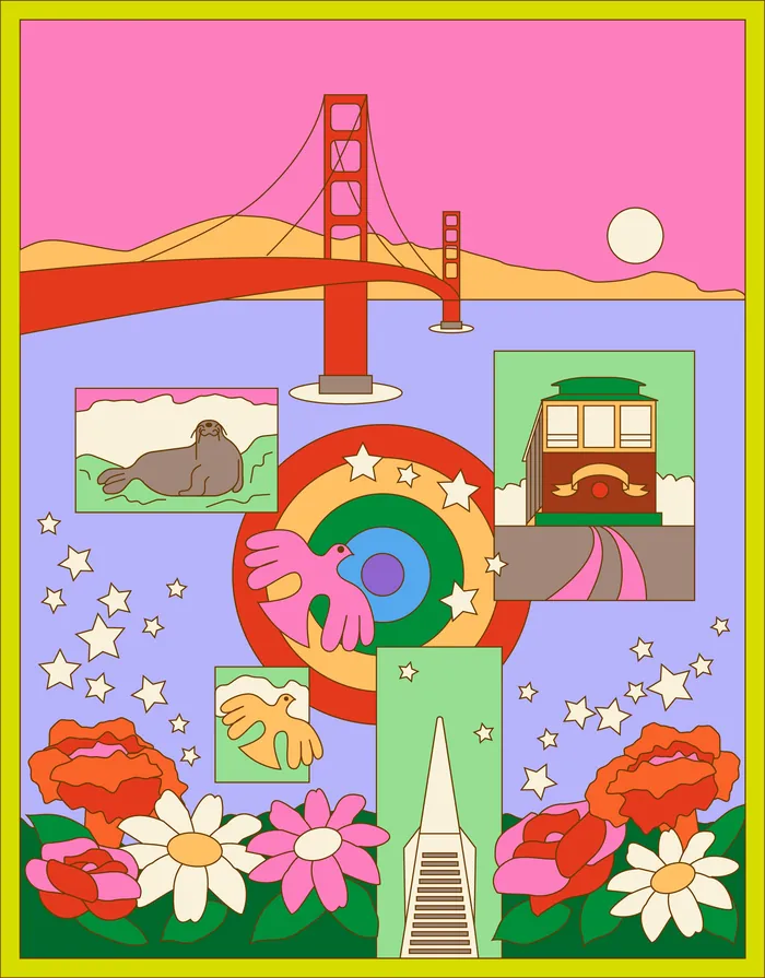 Colorful illustration of San Francisco bridge, flowers, and landmarks