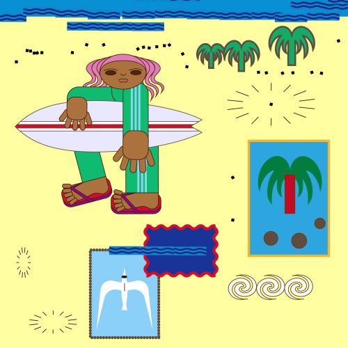 Abstract beach scene with sun, ocean, palm trees, and person with surfboard