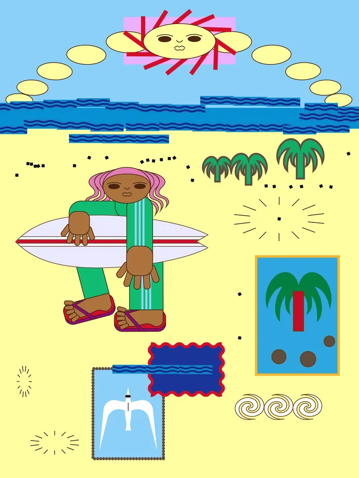 Abstract beach scene with sun, ocean, palm trees, and person with surfboard