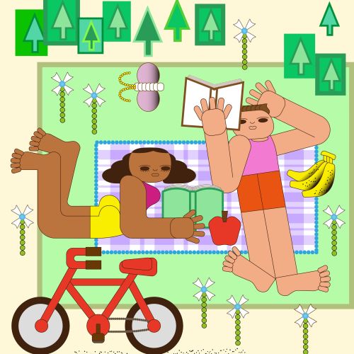 Two people resting on picnic blanket with apple and bananas near trees