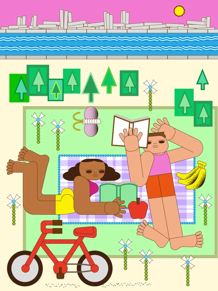 Two people resting on picnic blanket with apple and bananas near trees