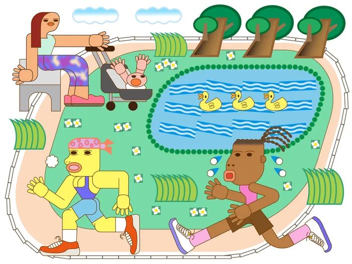 Three cartoon people rollerblading by pond with ducks and trees