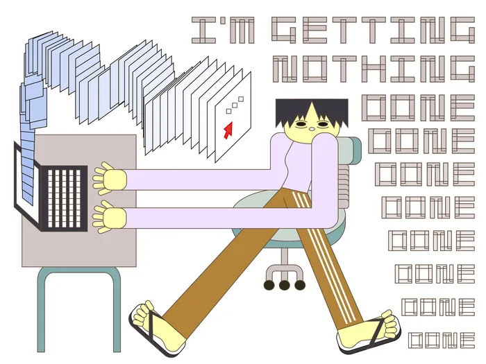 Person overwhelmed by repetitive tasks at computer, feeling unproductive