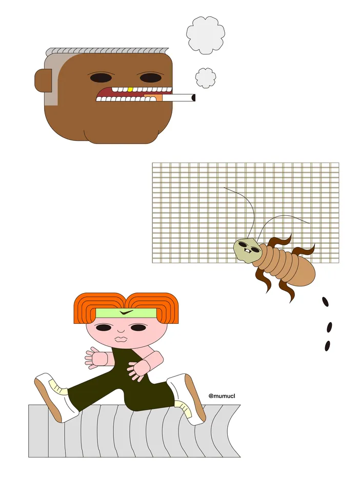 Illustration showing a smoking head, an angry child, and a trapped insect