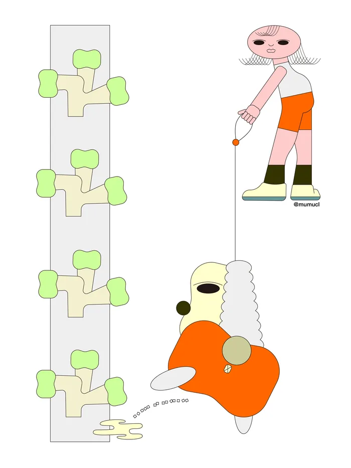 Cartoon man on swing tied to tall leafy tree with person holding the rope