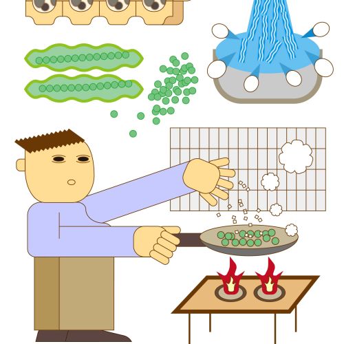 Person cooking green peas on stove with water running and ingredients beside
