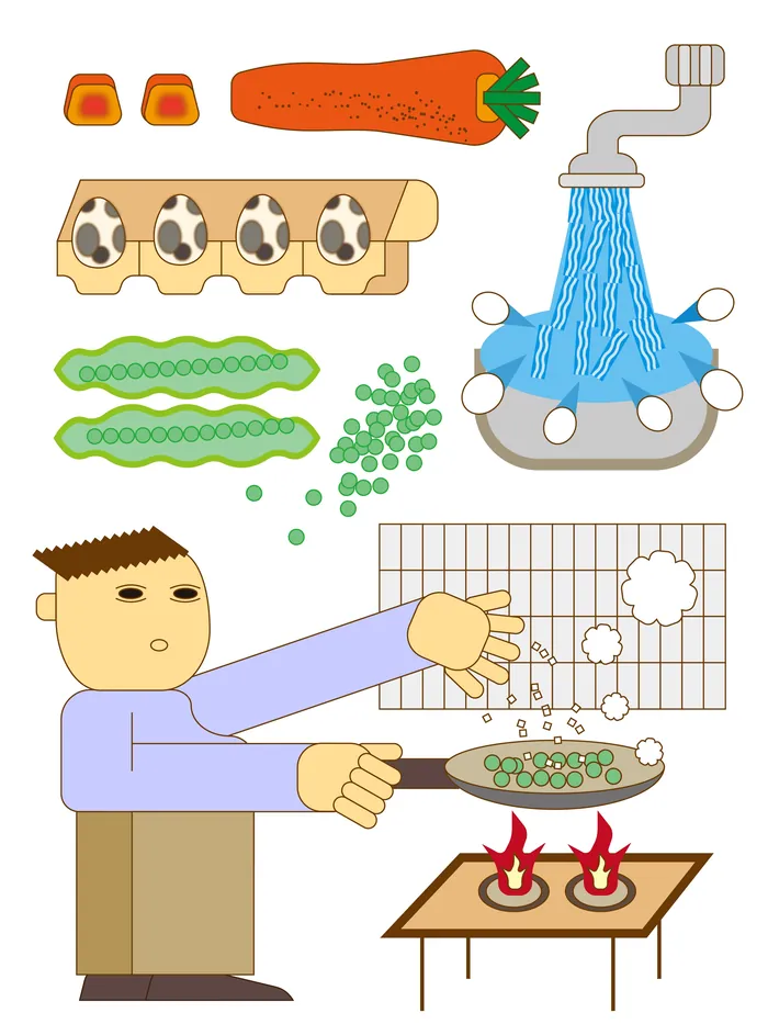 Person cooking green peas on stove with water running and ingredients beside