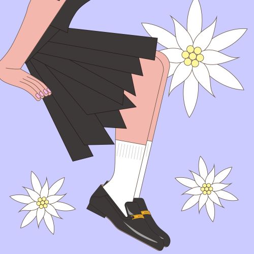 Illustration of woman in black skirt and shoes with white flowers