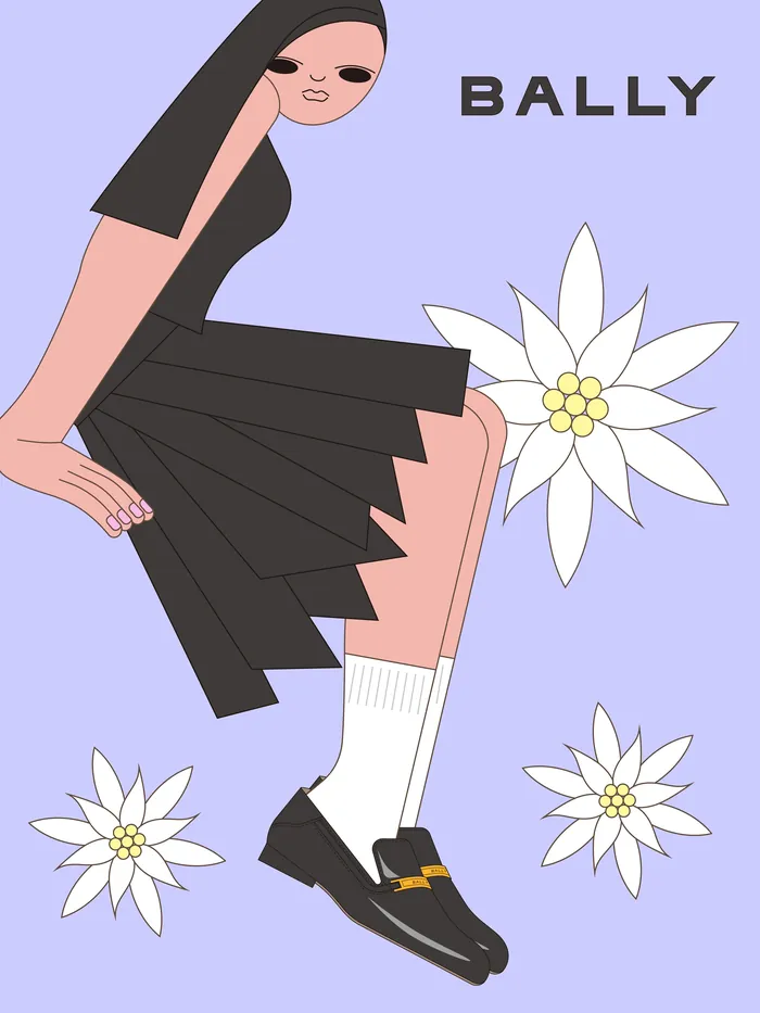 Illustration of woman in black skirt and shoes with white flowers
