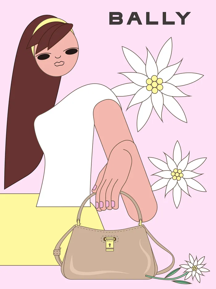 Woman holding Bally handbag with white flowers in background