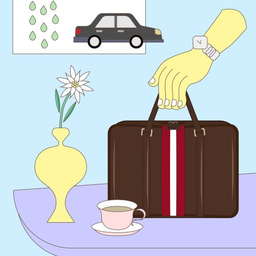 Brown Bally handbag on table with vase, tea cup, and rainy weather illustration