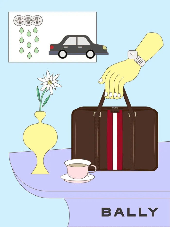 Brown Bally handbag on table with vase, tea cup, and rainy weather illustration