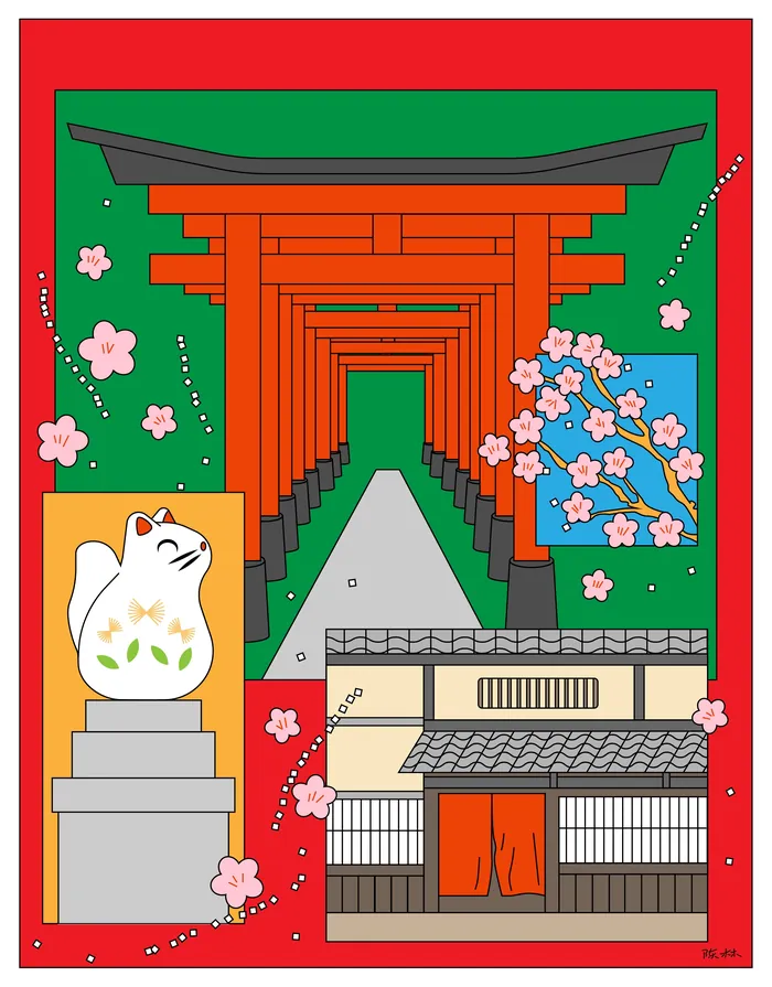 Red torii gates at shrine entrance with cherry blossoms and lucky cat statue.