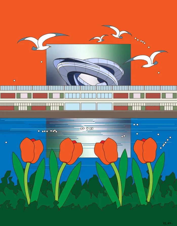 Futuristic structure with seagulls flying and red tulips near water