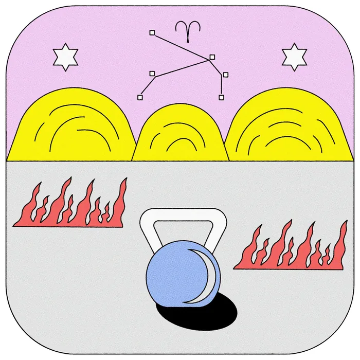 Abstract Aries constellation with flames and yellow shapes on pink background