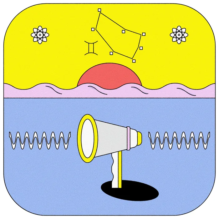 Megaphone emitting sound waves with sunset and Gemini constellation in the background
