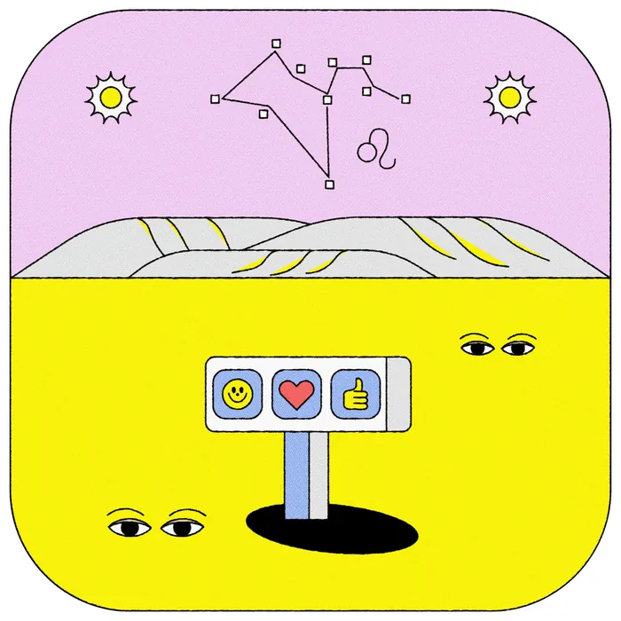Leo constellation over landscape with emoji icons and watchful eyes