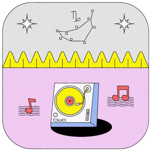 Turntable playing music with Capricorn constellation above