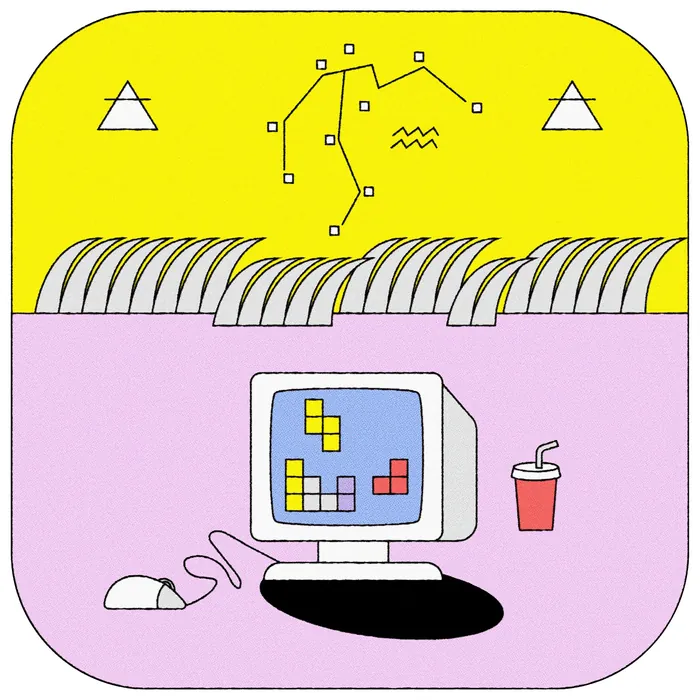 Old computer playing Tetris game with a mouse and drink cup