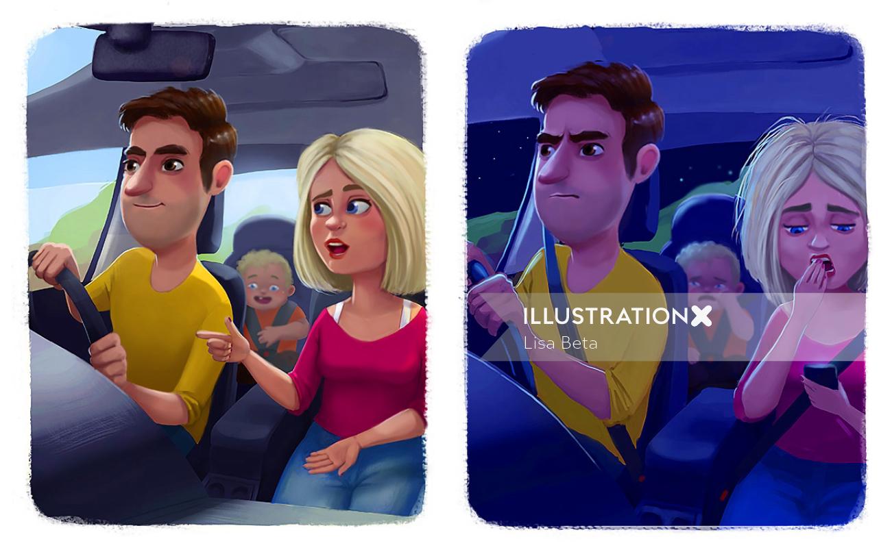 Cartoon of couple characters in the car