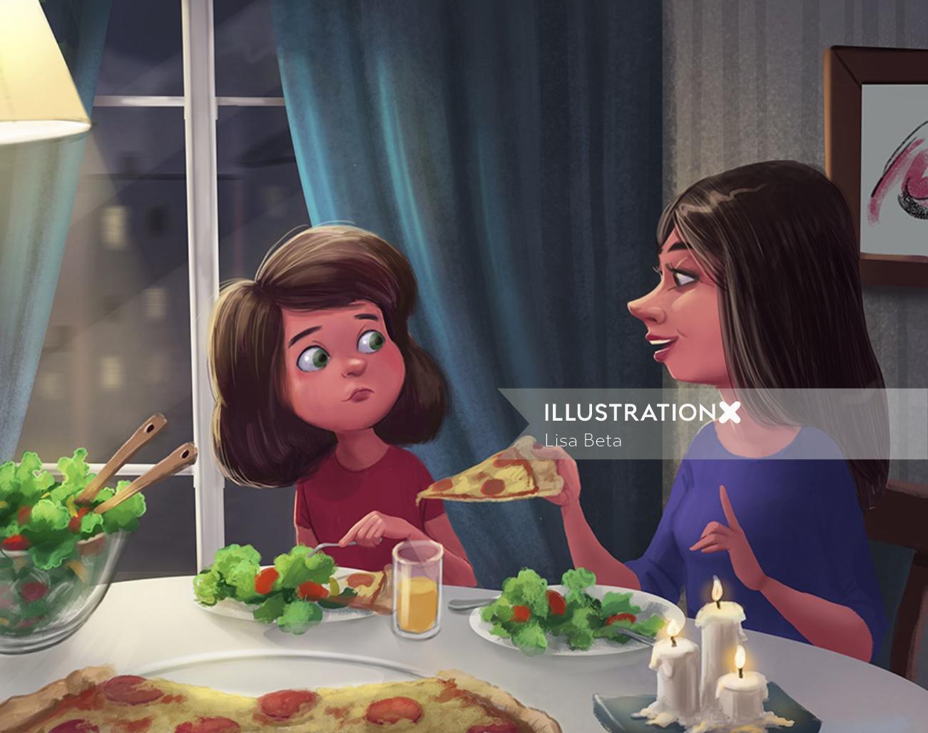 Cartoon mother & daughter eating pizza
